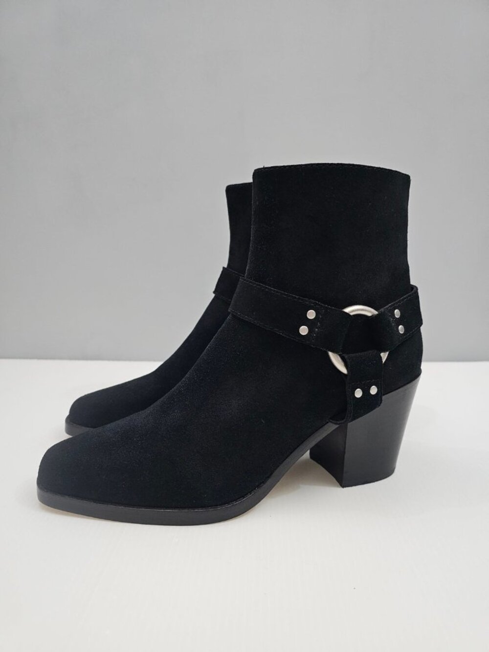 Paige Edie Harness Ankle Boots Womens 7 Black Suede Western Block Heel Bootie